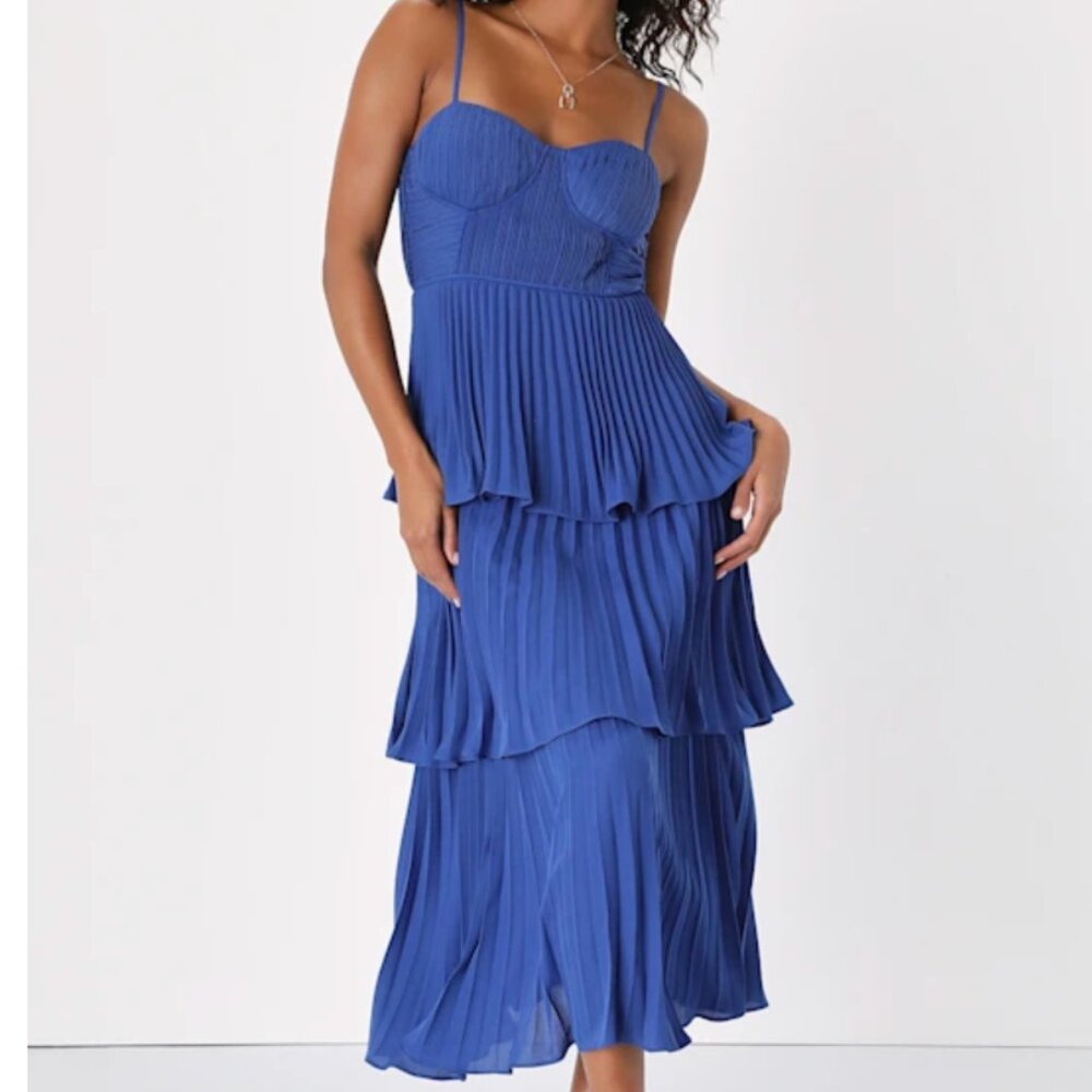 Lulus Cascading Crush Cobalt Blue Tiered Bustier Midi Dress | Size Small